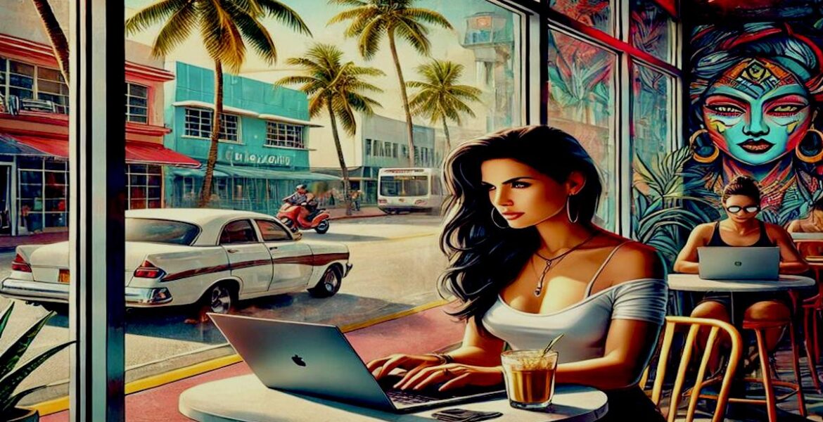 digital nomad working on a laptop in a cafe in miami, florida