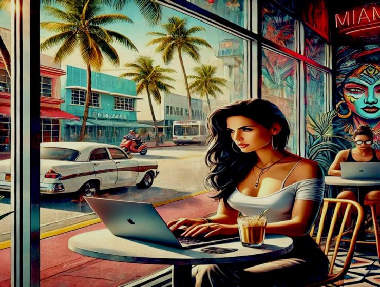 digital nomad working on a laptop in a cafe in miami, florida