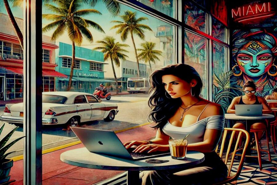 digital nomad working on a laptop in a cafe in miami, florida