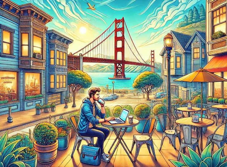 San Francisco digital nomad with Golden Gate Bridge in the distance