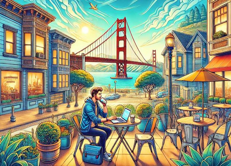 San Francisco digital nomad with Golden Gate Bridge in the distance