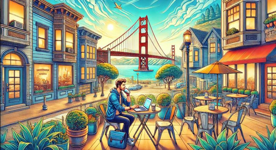 San Francisco digital nomad with Golden Gate Bridge in the distance
